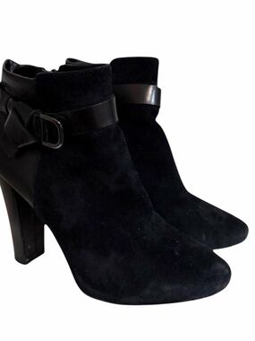 White House Black Market Black Suede Ankle Boots with Buckle Accent Size 7